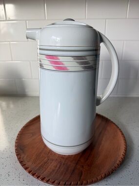 Vintage White MCM Coffee Carafe Thermal Pitcher with Pink and Gray Accent
